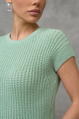 Cotton Textured Open-Knit Short Sleeve Top, Mint Green