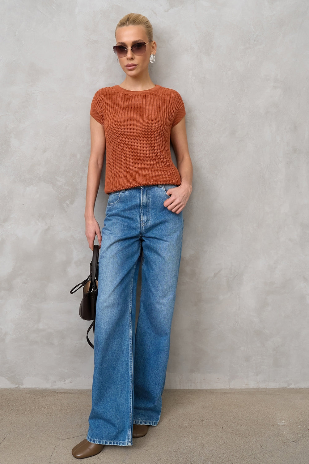 Cotton Textured Open-Knit Short Sleeve Top, Terracotta