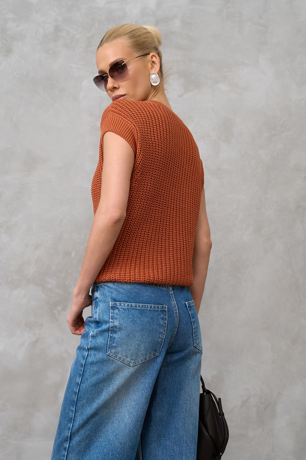 Cotton Textured Open-Knit Short Sleeve Top, Terracotta
