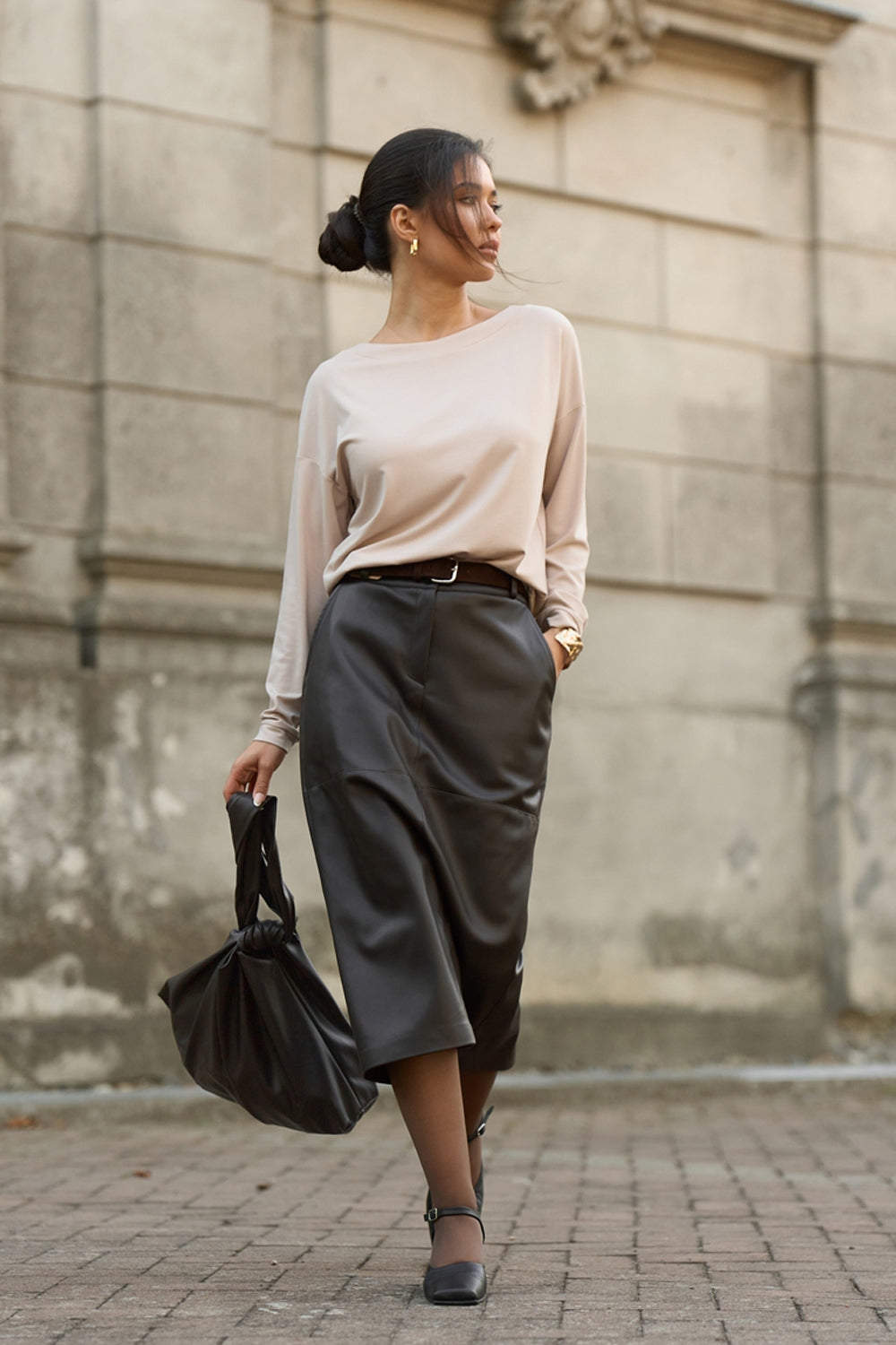 Faux Leather Midi Skirt with Elastic Back Waist