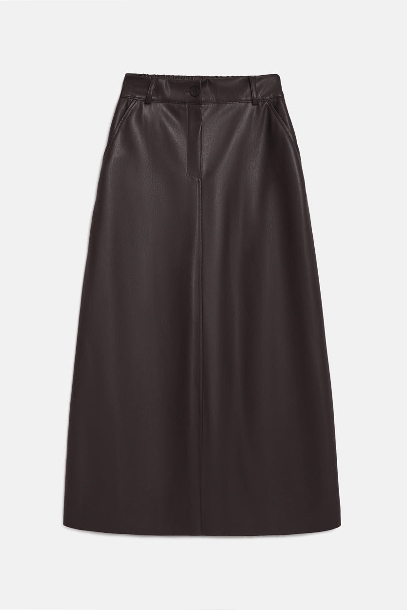 Faux Leather A-Line Midi Skirt with Pockets