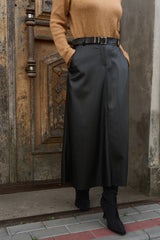 Faux Leather A-Line Midi Skirt with Pockets