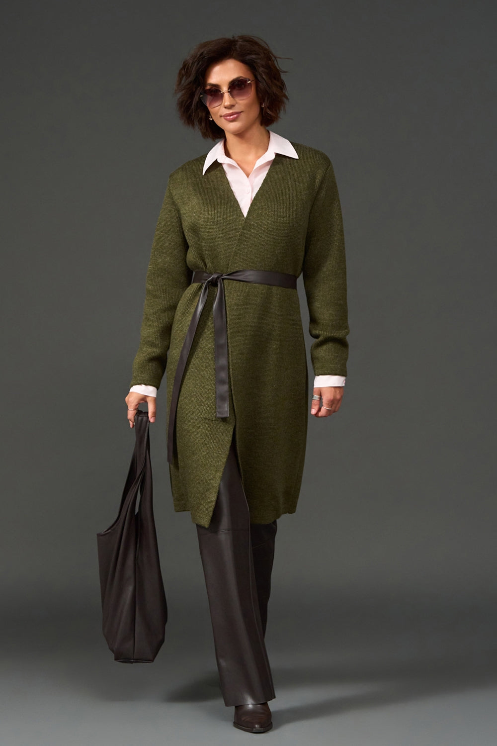 Long Wool Knit Wrap Cardigan with Faux Leather Belt