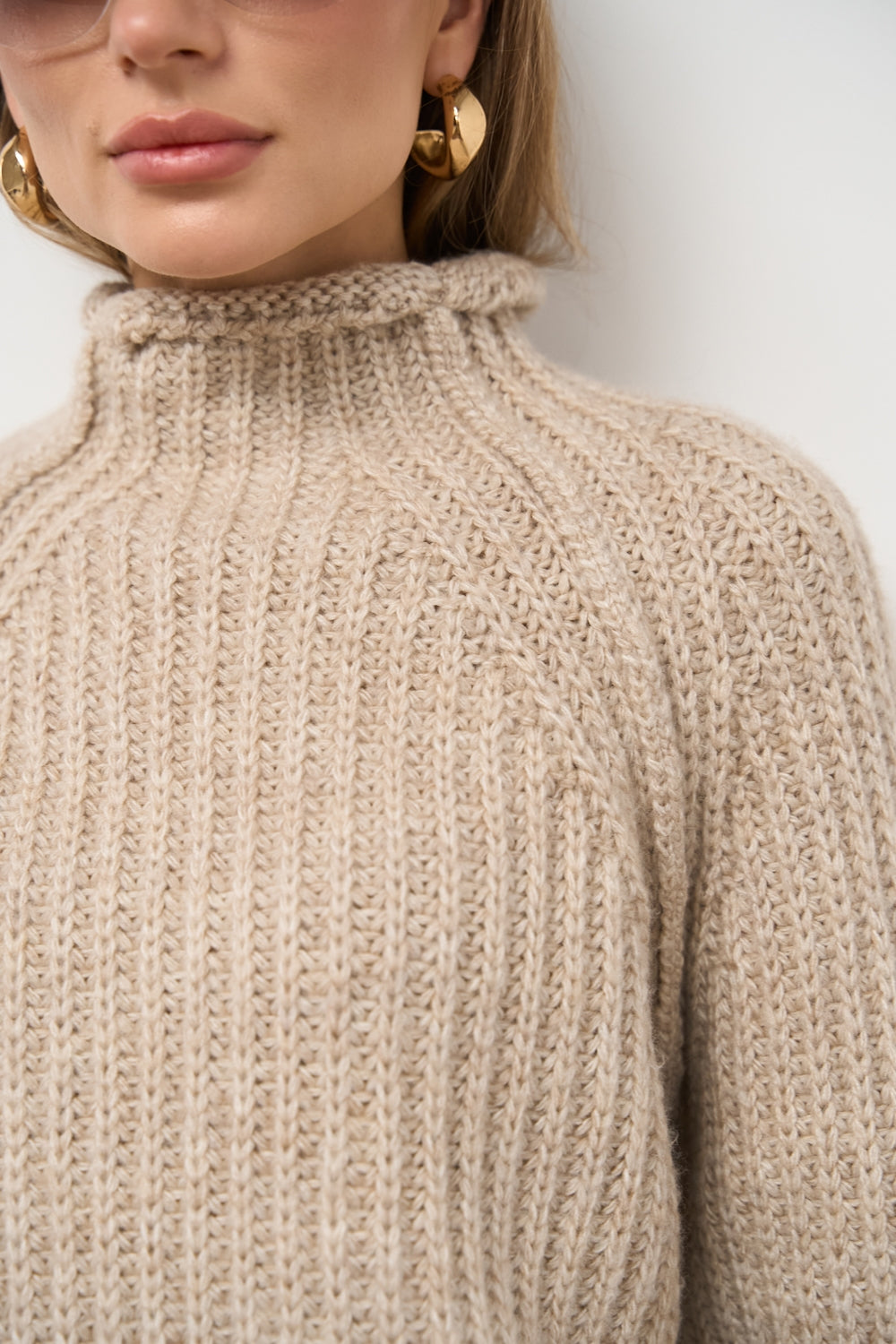 Merino Alpaca Mock Neck Raglan Sweater, Linen Beige