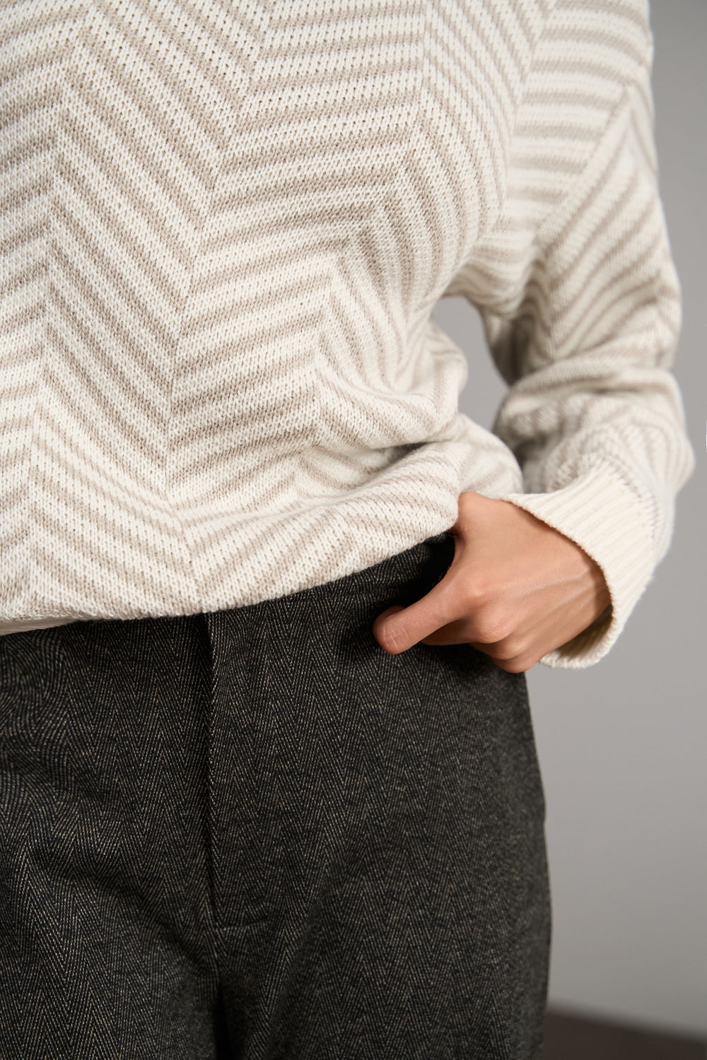 Merino Alpaca Wool Sweater with Textured Knit, Ivory Chevron