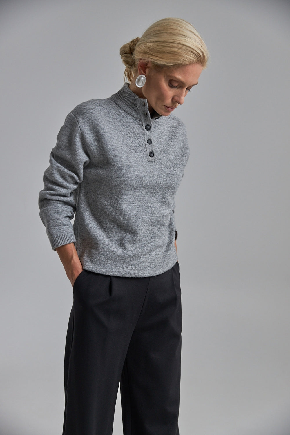 Merino Mohair Sweater with Buttoned Collar, Gray