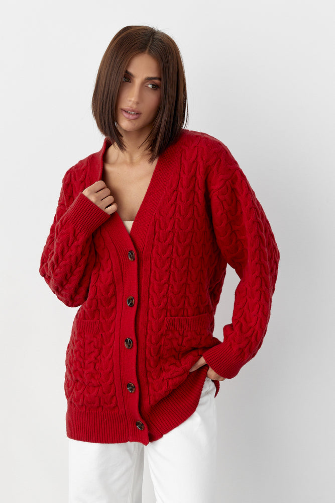 100% Merino Wool Oversized Cable Knit Cardigan with Pockets, Red