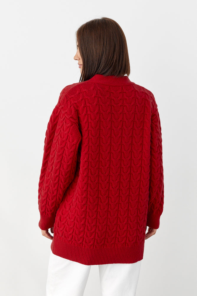 100% Merino Wool Oversized Cable Knit Cardigan with Pockets, Red