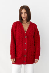 100% Merino Wool Oversized Cable Knit Cardigan with Pockets, Red