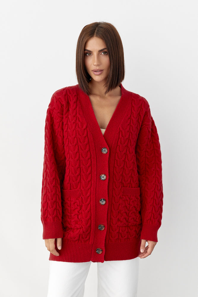 Cárdigan oversize de ochos 100 % lana merina con bolsillos, Rojo