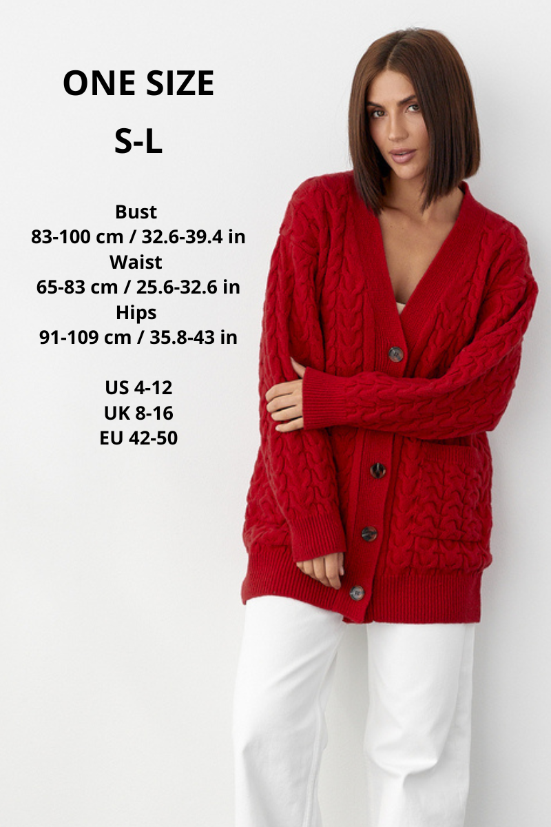 100% Merino Wool Oversized Cable Knit Cardigan with Pockets, Red