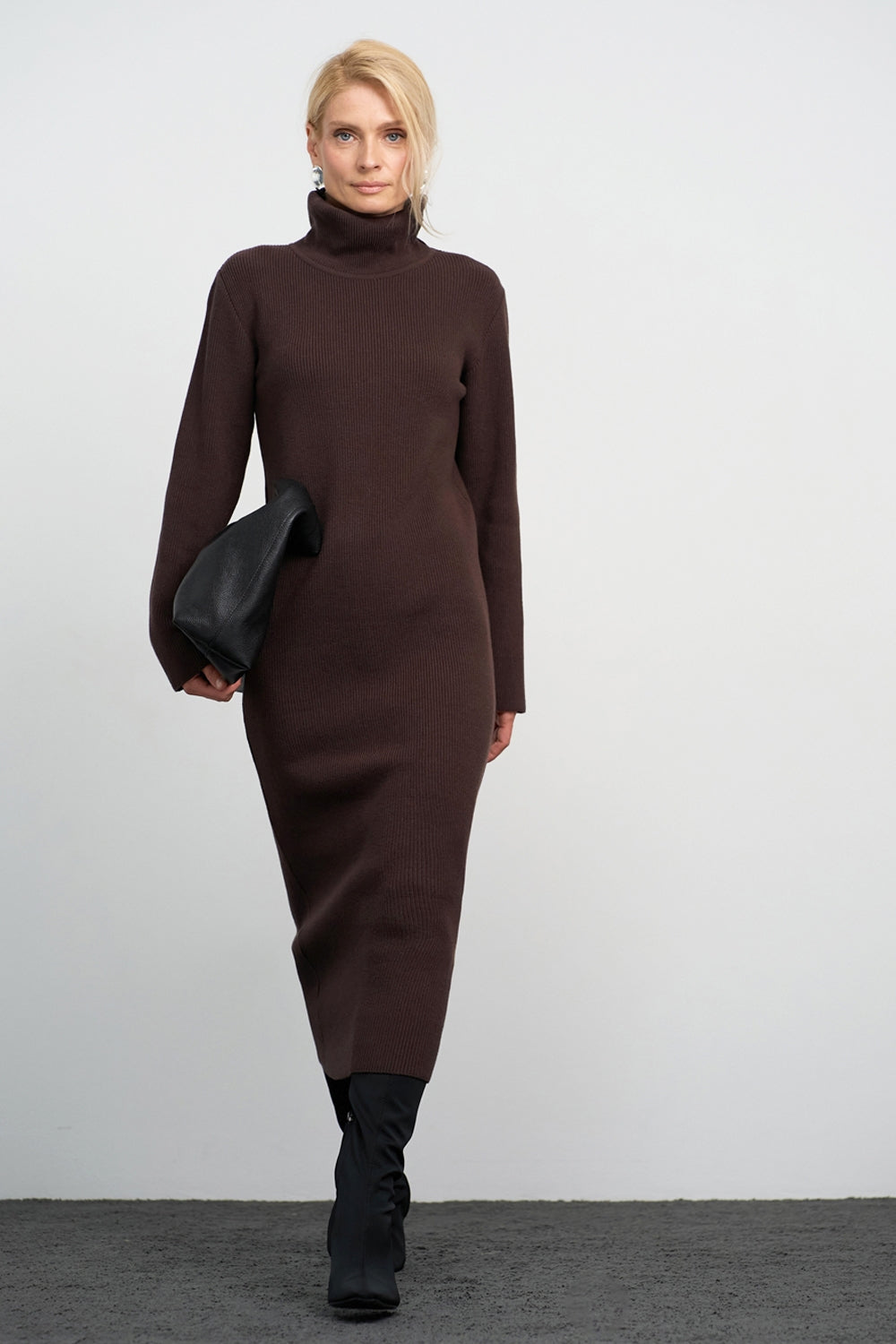 Modal Silk Turtleneck Knit Midi Dress, Bitter Chocolate
