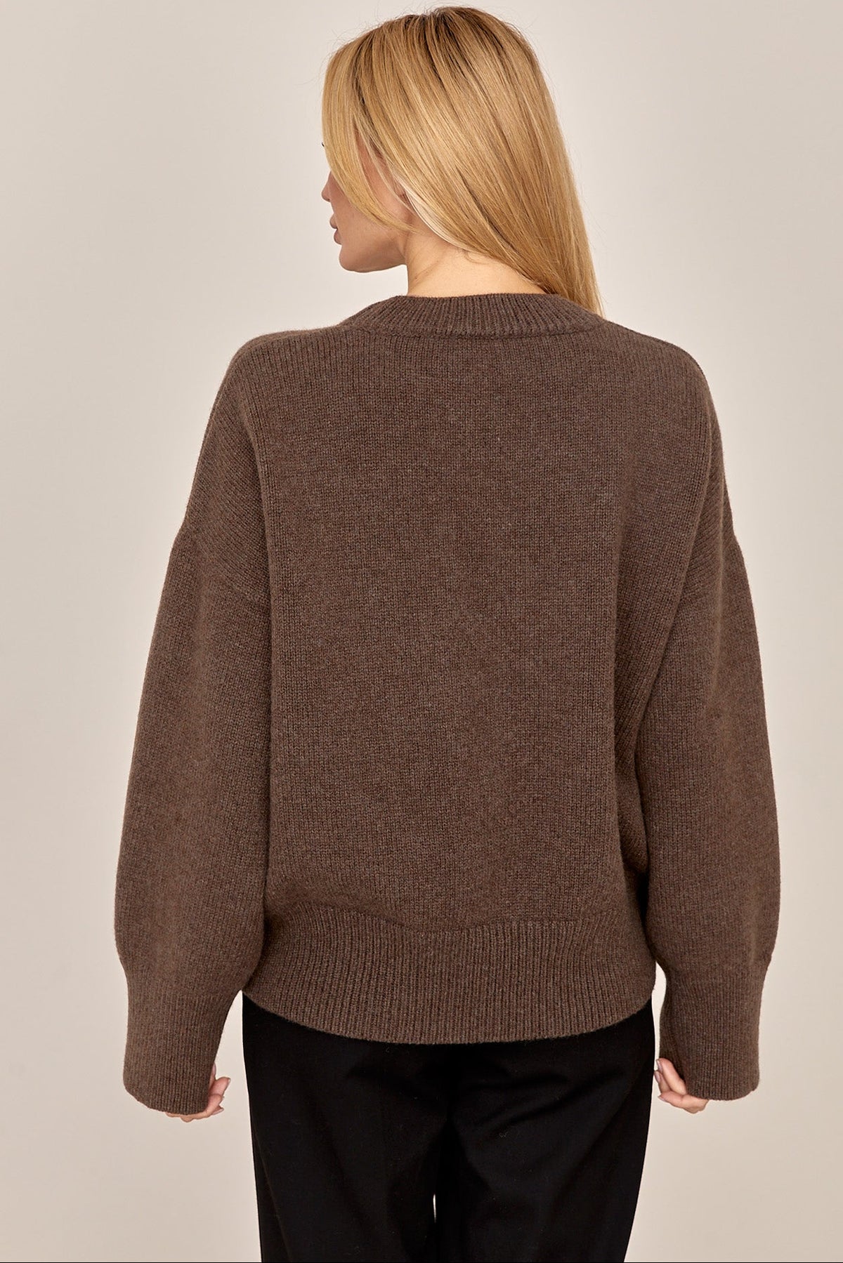 Cashmere Merino Wool Oversized Crewneck Sweater, Chestnut Brown