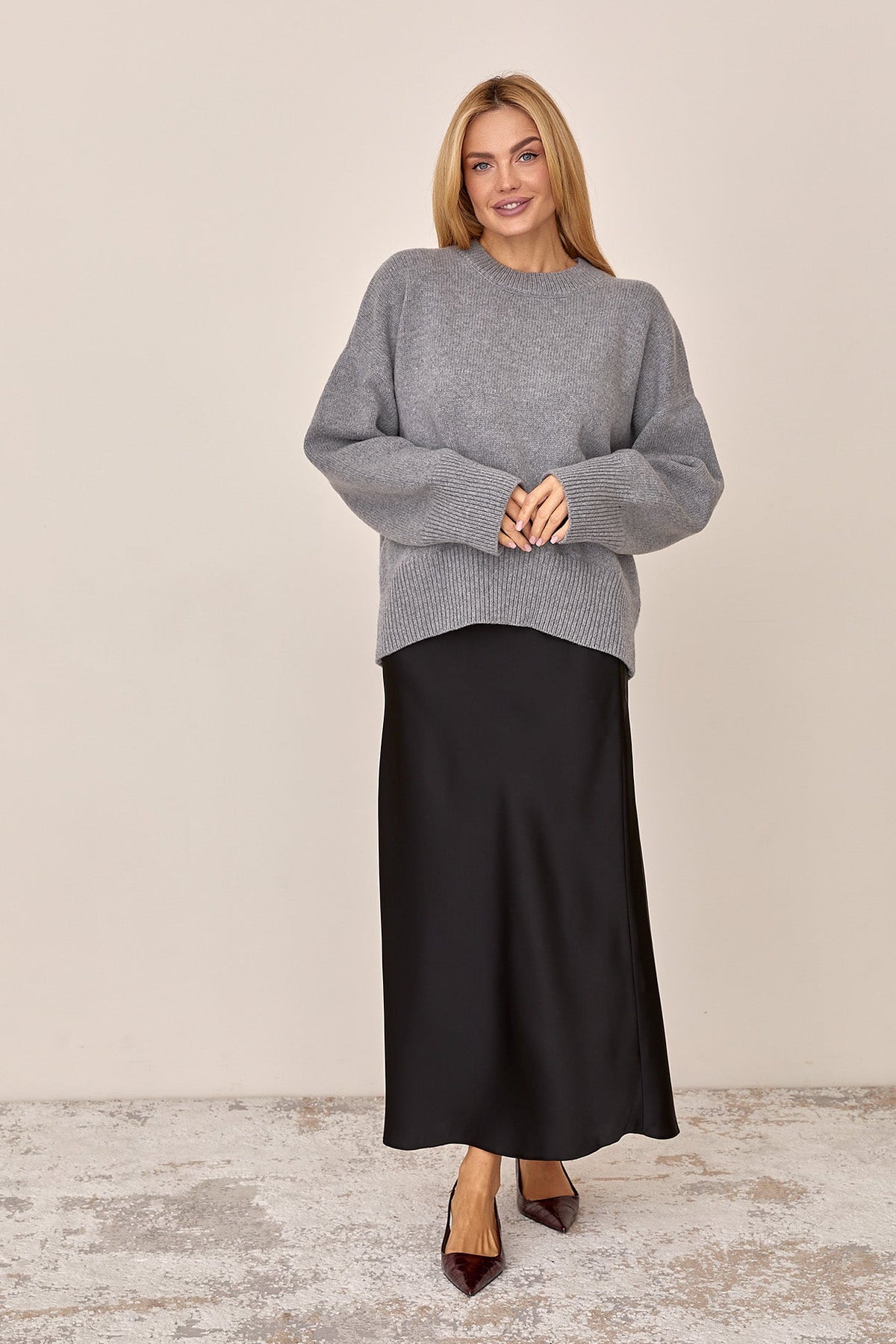 Cashmere Merino Wool Oversized Crewneck Sweater, Gray