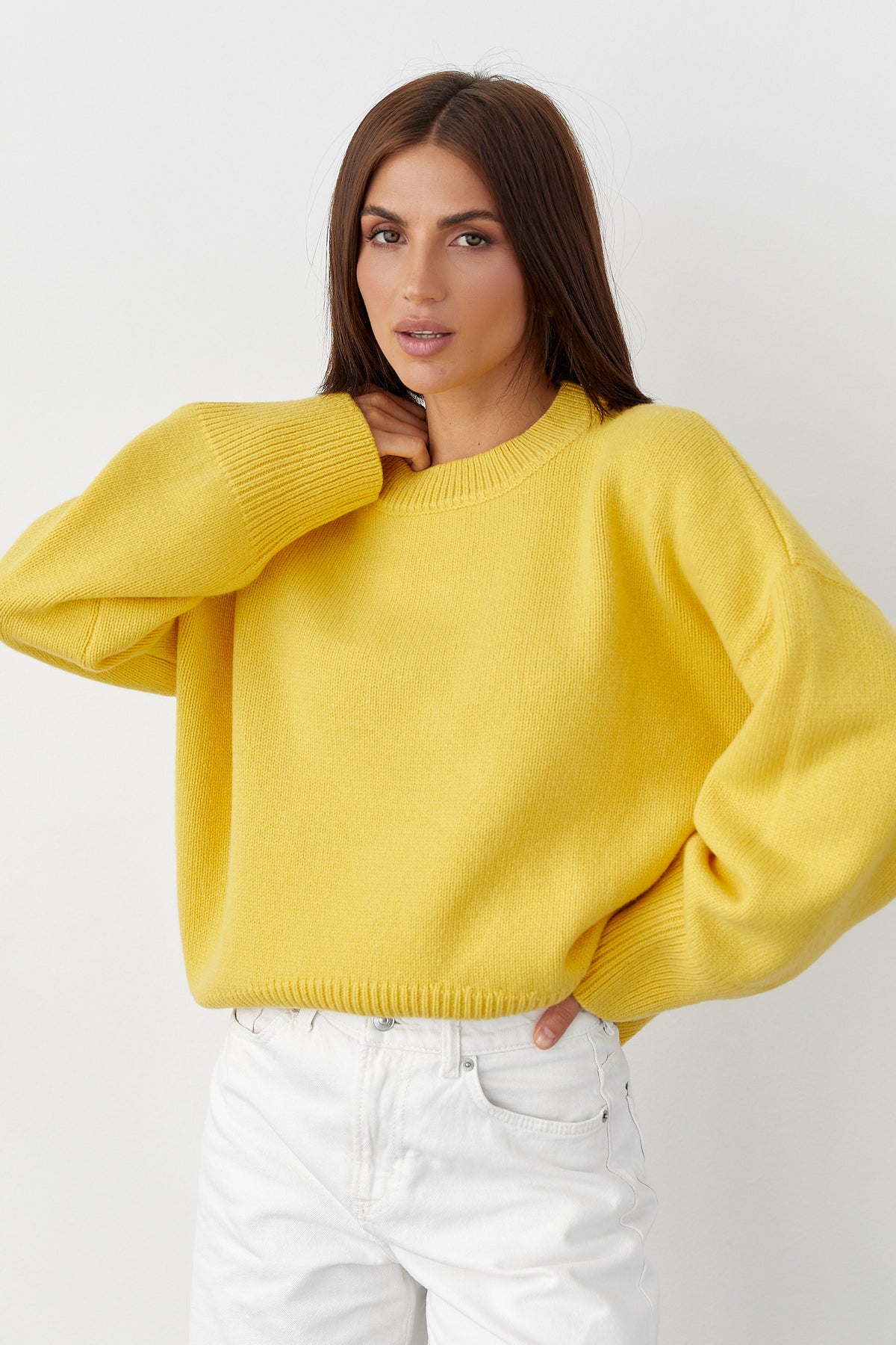 Cashmere Merino Wool Oversized Crewneck Sweater, Sunny Yellow
