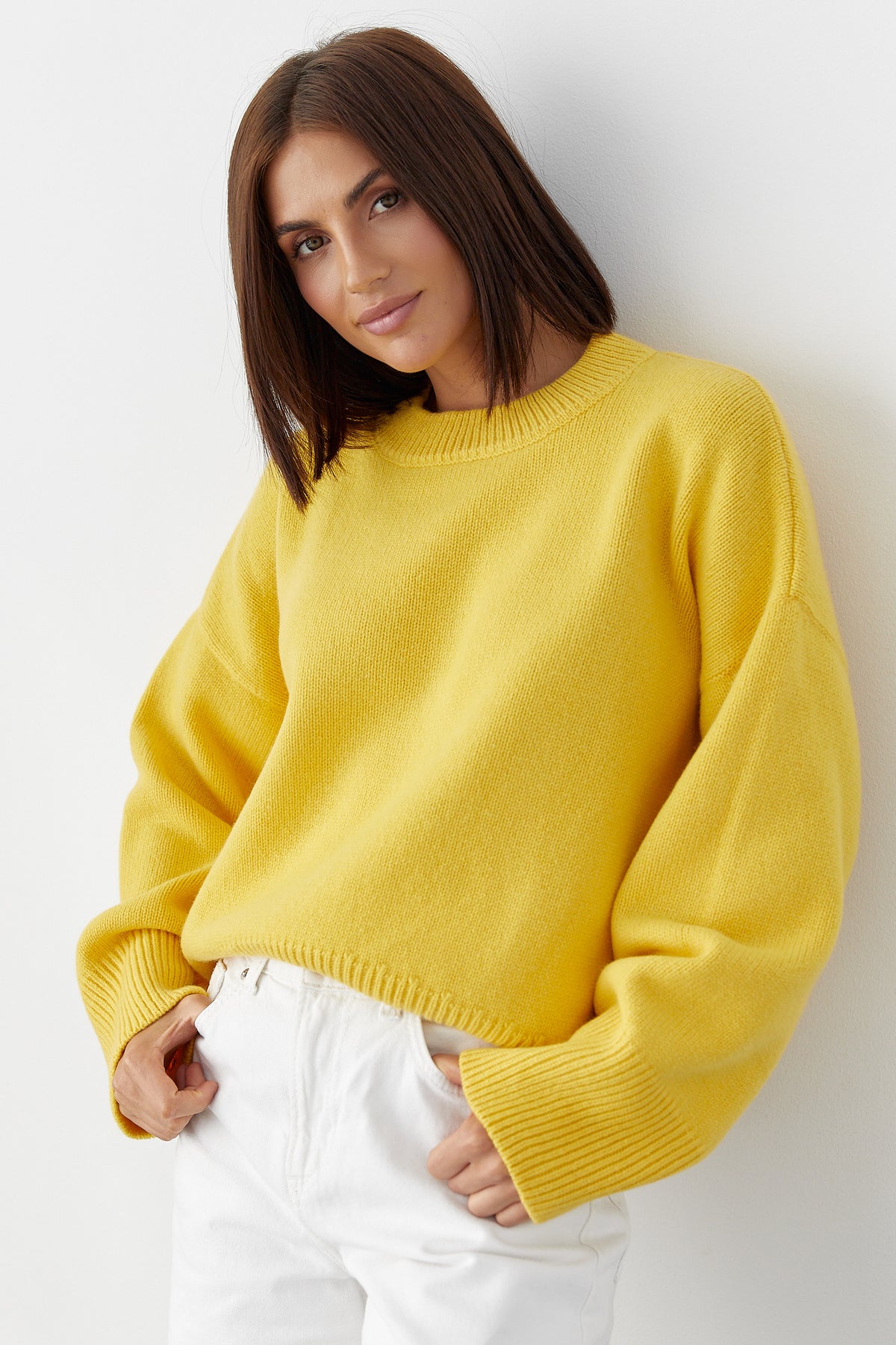 Cashmere Merino Wool Oversized Crewneck Sweater, Sunny Yellow