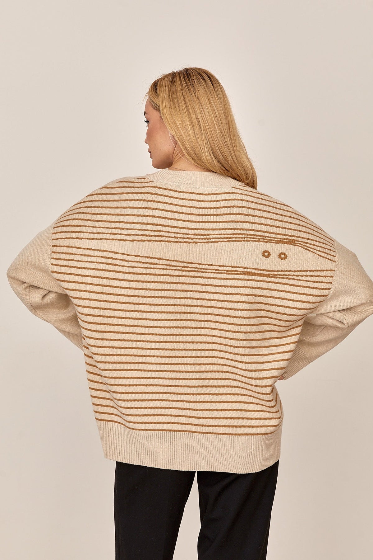 Modal Oversized V-Neck Button Cardigan with Striped Back Design, Beige