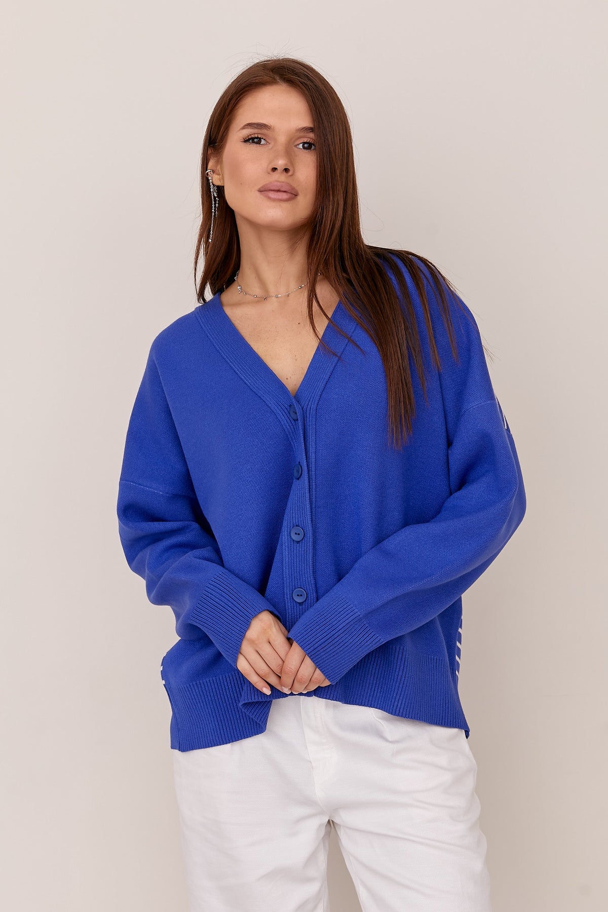 Cárdigan oversize con cuello V y diseño de rayas en la espalda, Azul real