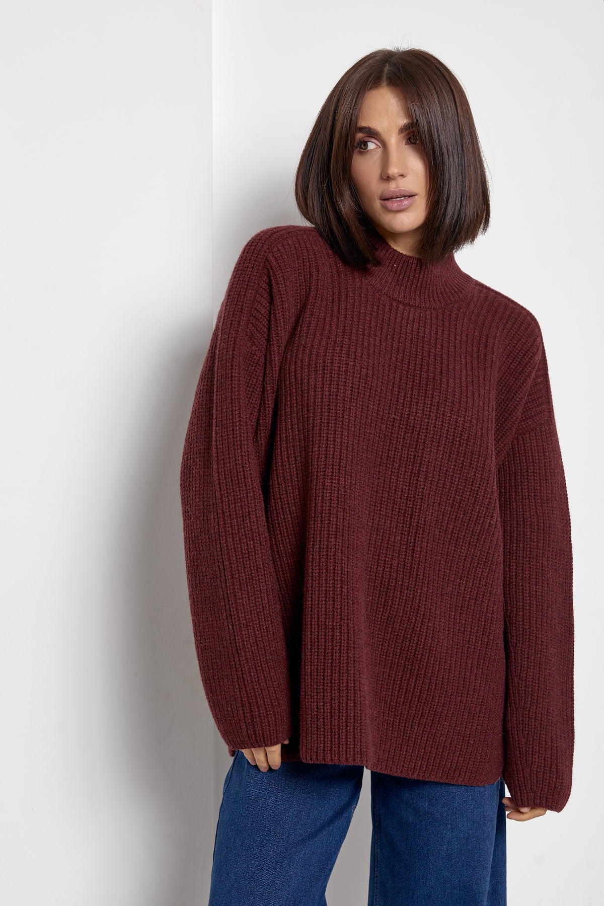 100% Merino Wool Oversized Rib Knit Turtleneck Sweater, Burgundy Red