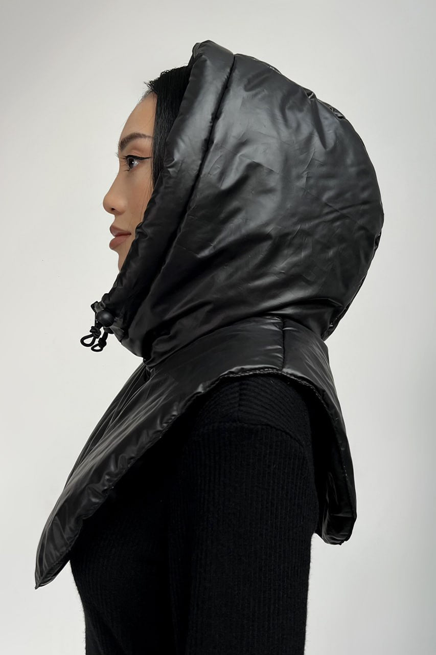 Waterproof Hooded Scarf With Zipper and Drawstring, Black