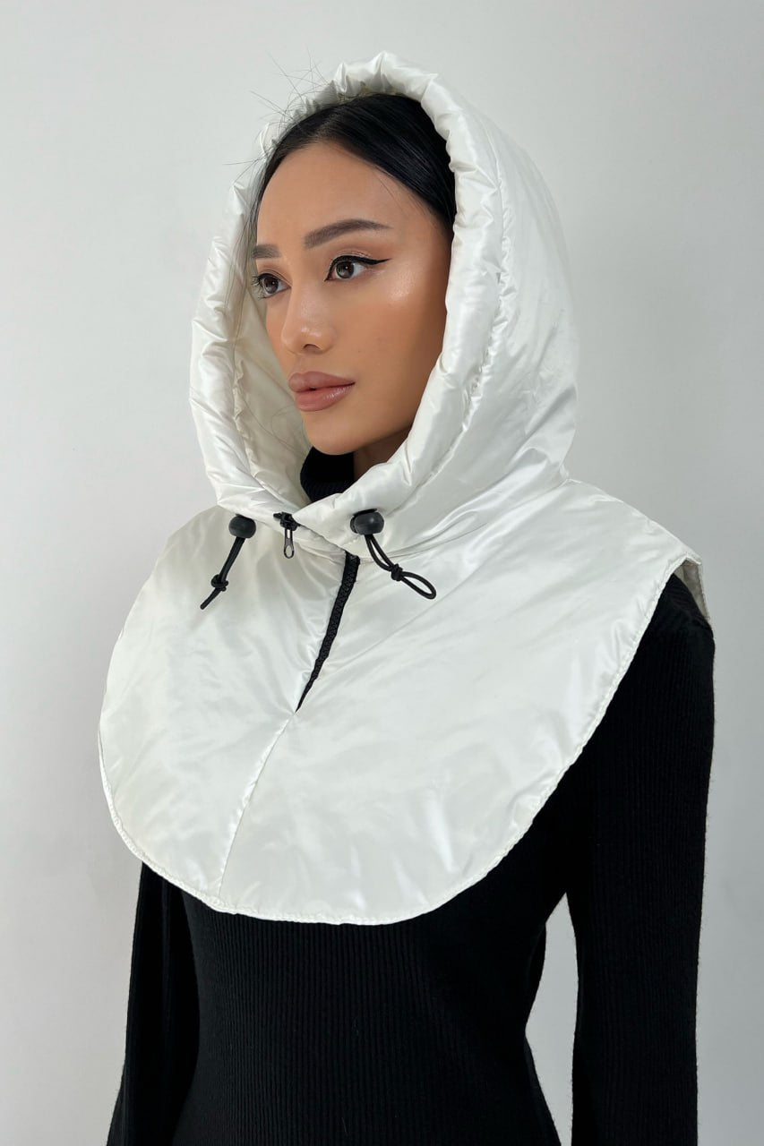 Waterproof Hooded Scarf With Zipper and Drawstring, White