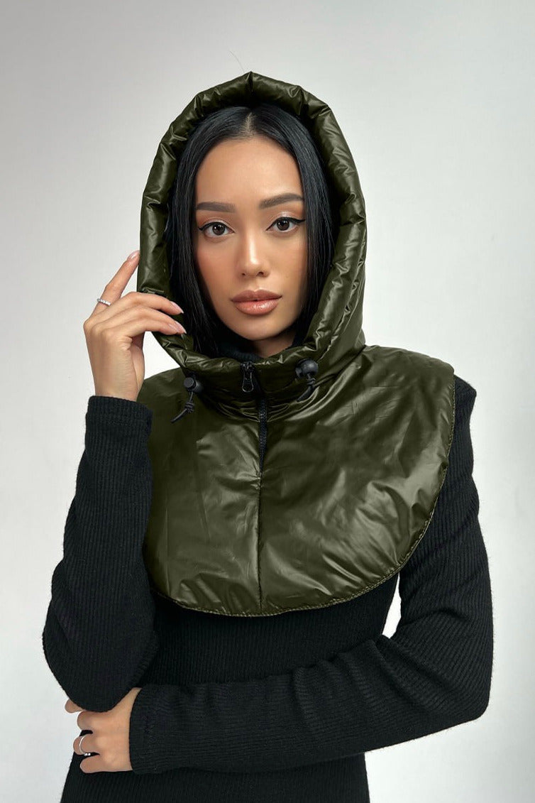 Waterproof Hooded Scarf With Zipper and Drawstring, Dark Olive