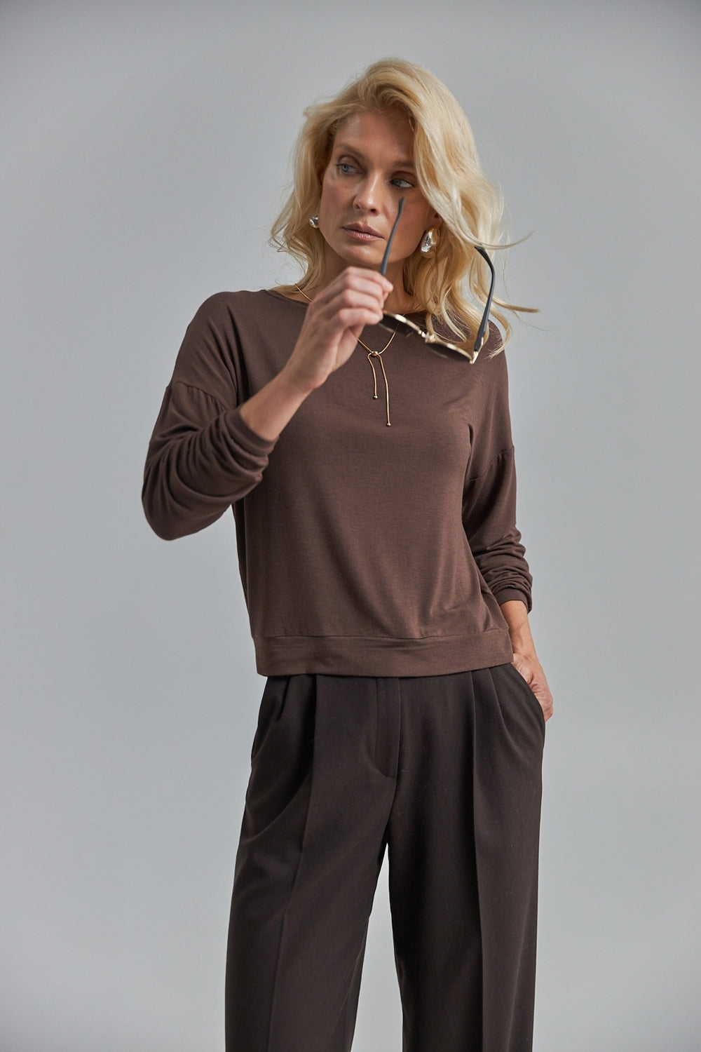 Long Sleeve Knit Crew Neck Top, Bitter Chocolate