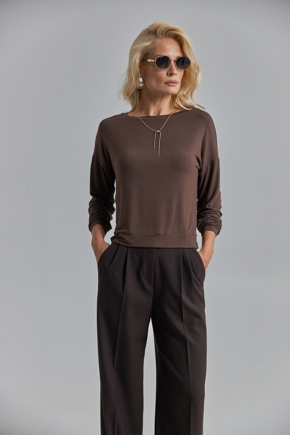 Long Sleeve Knit Crew Neck Top, Bitter Chocolate