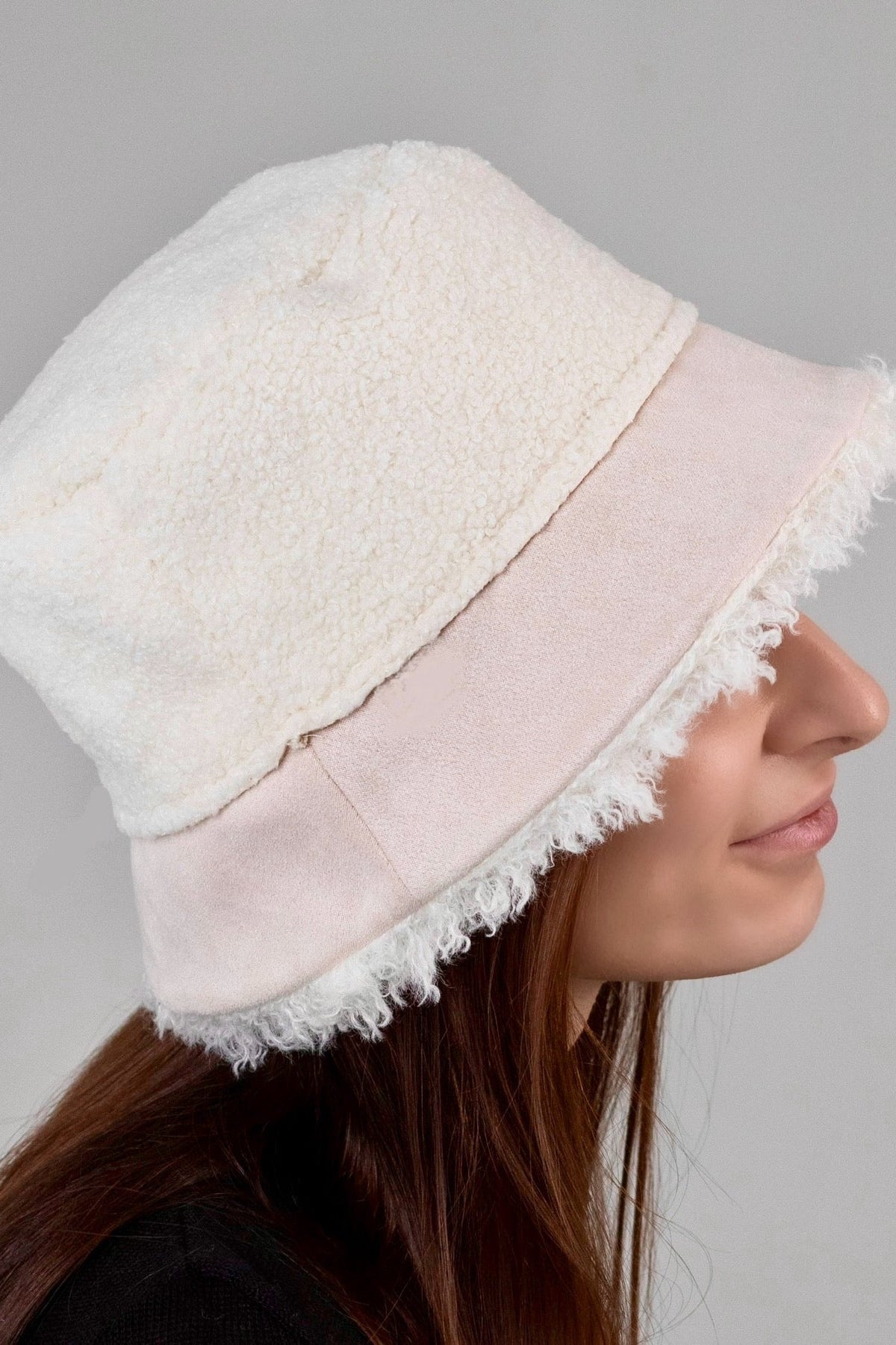 Reversible Faux Fur Winter Bucket Hat, Ivory