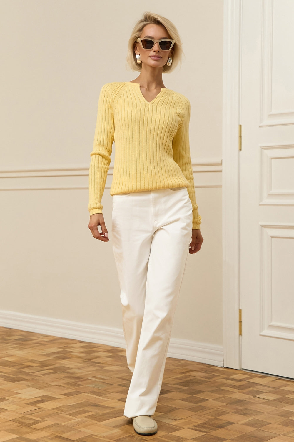 Women’s Ribbed Cotton V-Neck Sweater, Soft Yellow