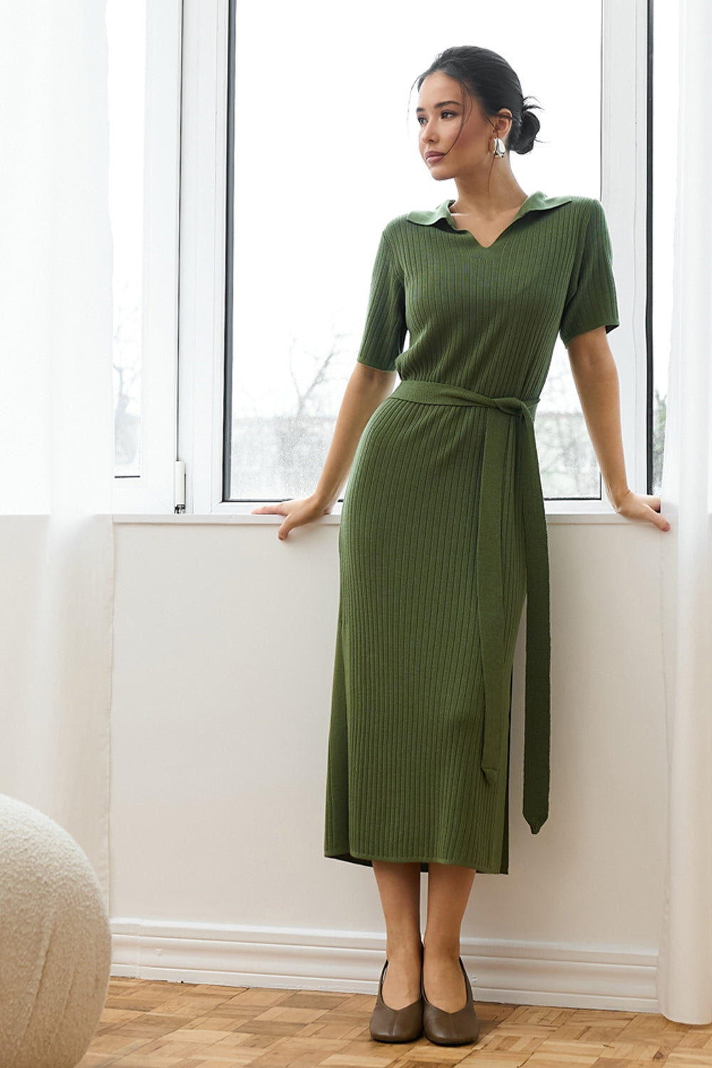Ribbed Knit Polo Collar Short Sleeve Midi Dress with Belt, Dark Olive