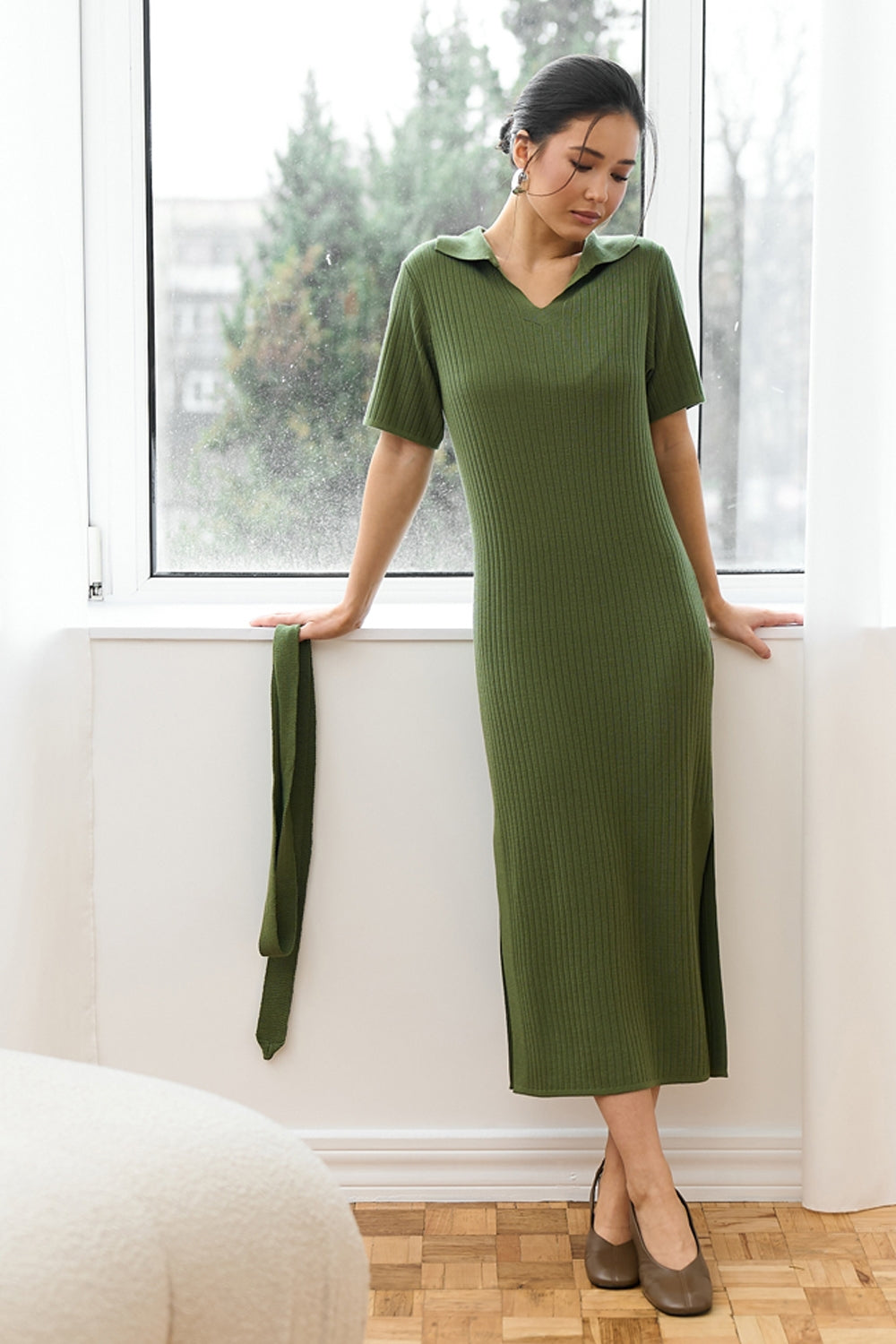 Ribbed Knit Polo Collar Short Sleeve Midi Dress with Belt, Dark Olive