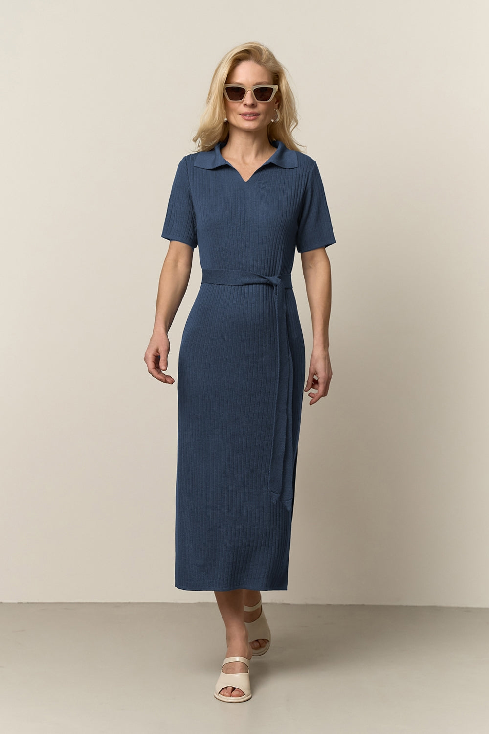 Ribbed Knit Polo Collar Short Sleeve Midi Dress with Belt, Dusty Blue