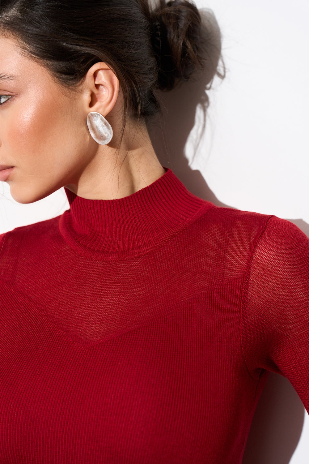 Semi-Sheer Knit Long Sleeve Top with Accent Neckline