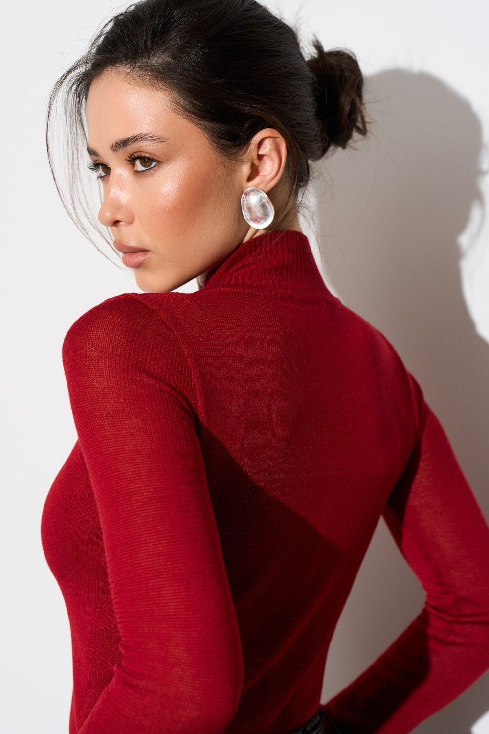 Semi-Sheer Knit Long Sleeve Top with Accent Neckline