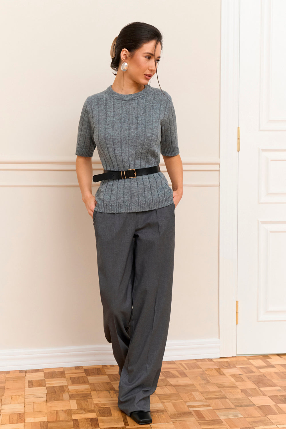 Short Sleeve Ribbed Knit Sweater with Alpaca and Merino, Gray