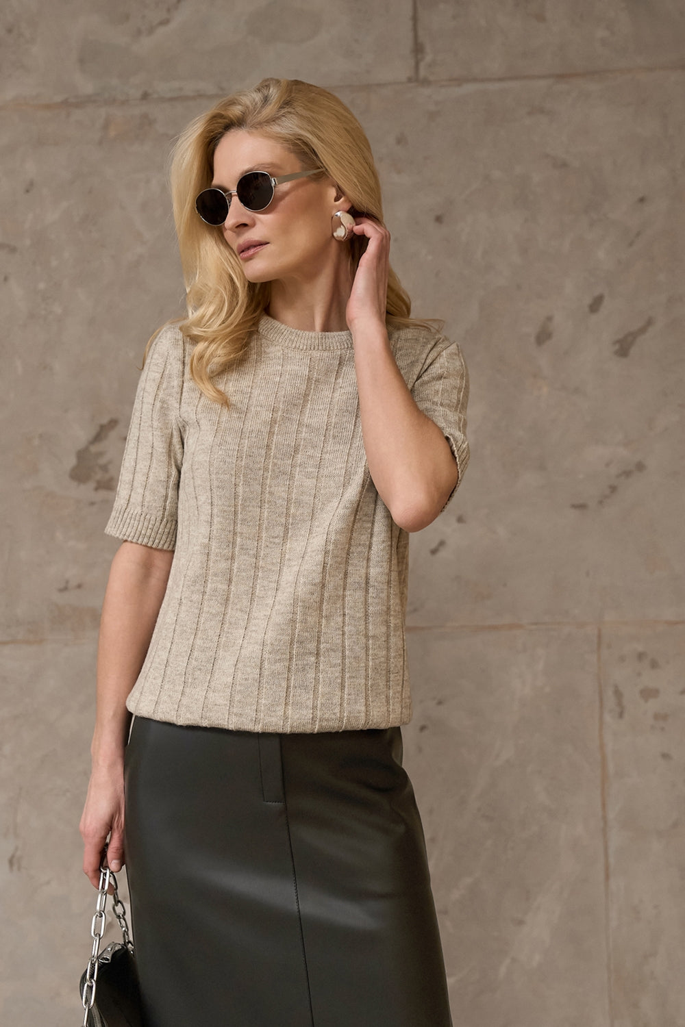 Short Sleeve Ribbed Knit Sweater with Alpaca and Merino, Linen Beige