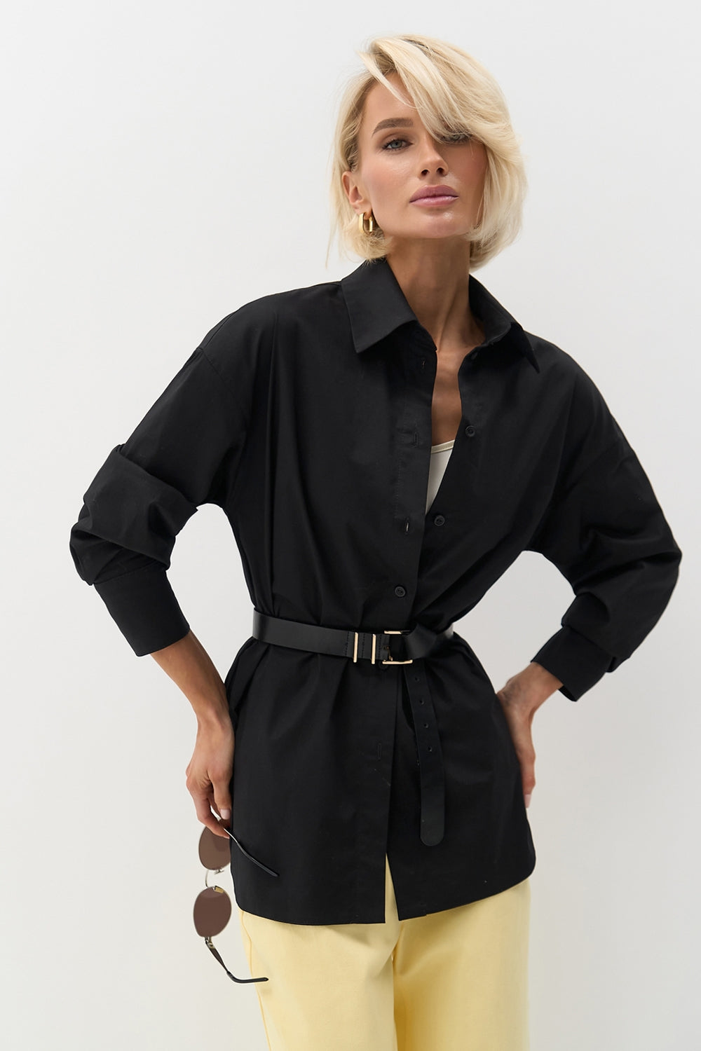 Cotton Relaxed Button Front Shirt, Black