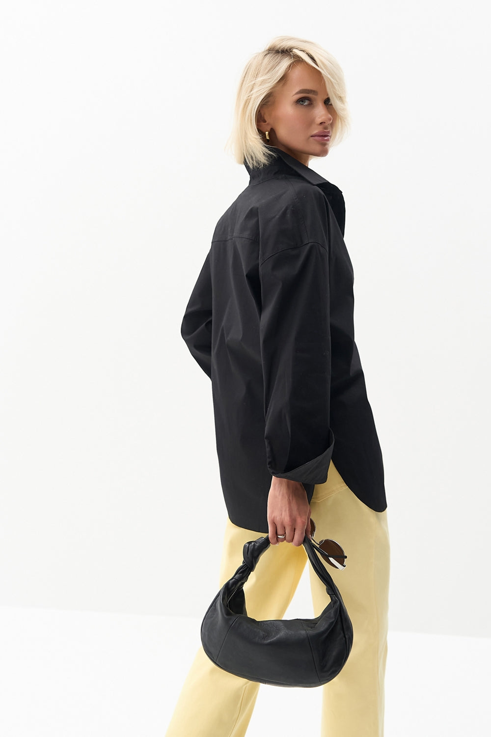 Cotton Relaxed Button Front Shirt, Black