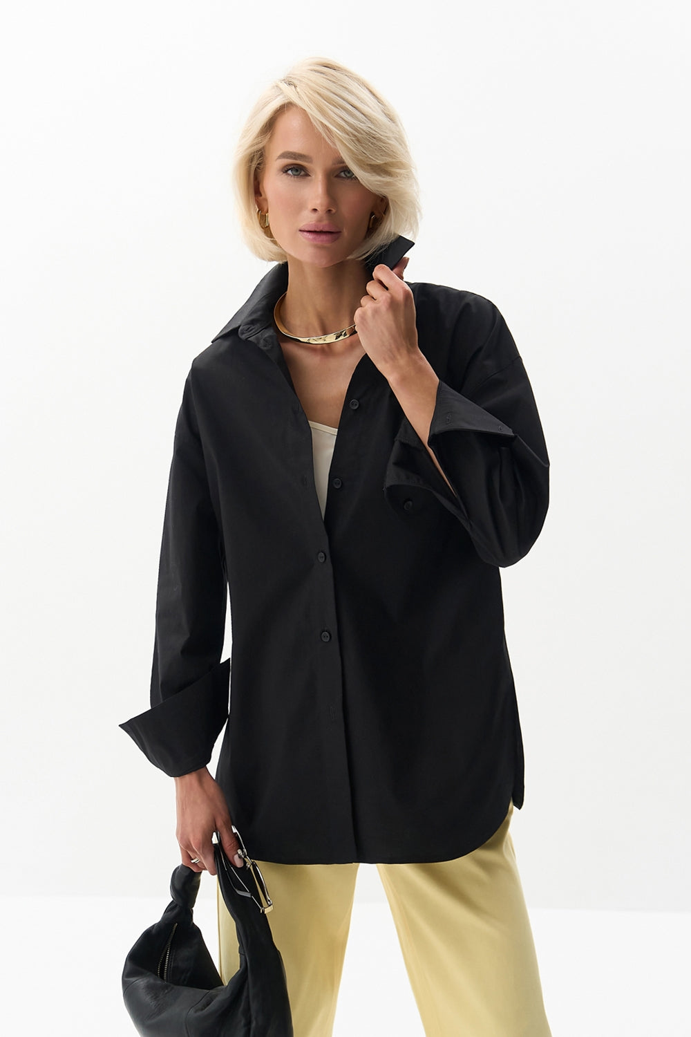 Cotton Relaxed Button Front Shirt, Black