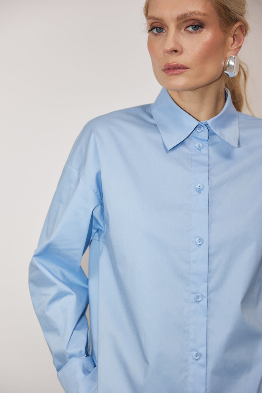 Cotton Relaxed Button Front Shirt, Sky Blue