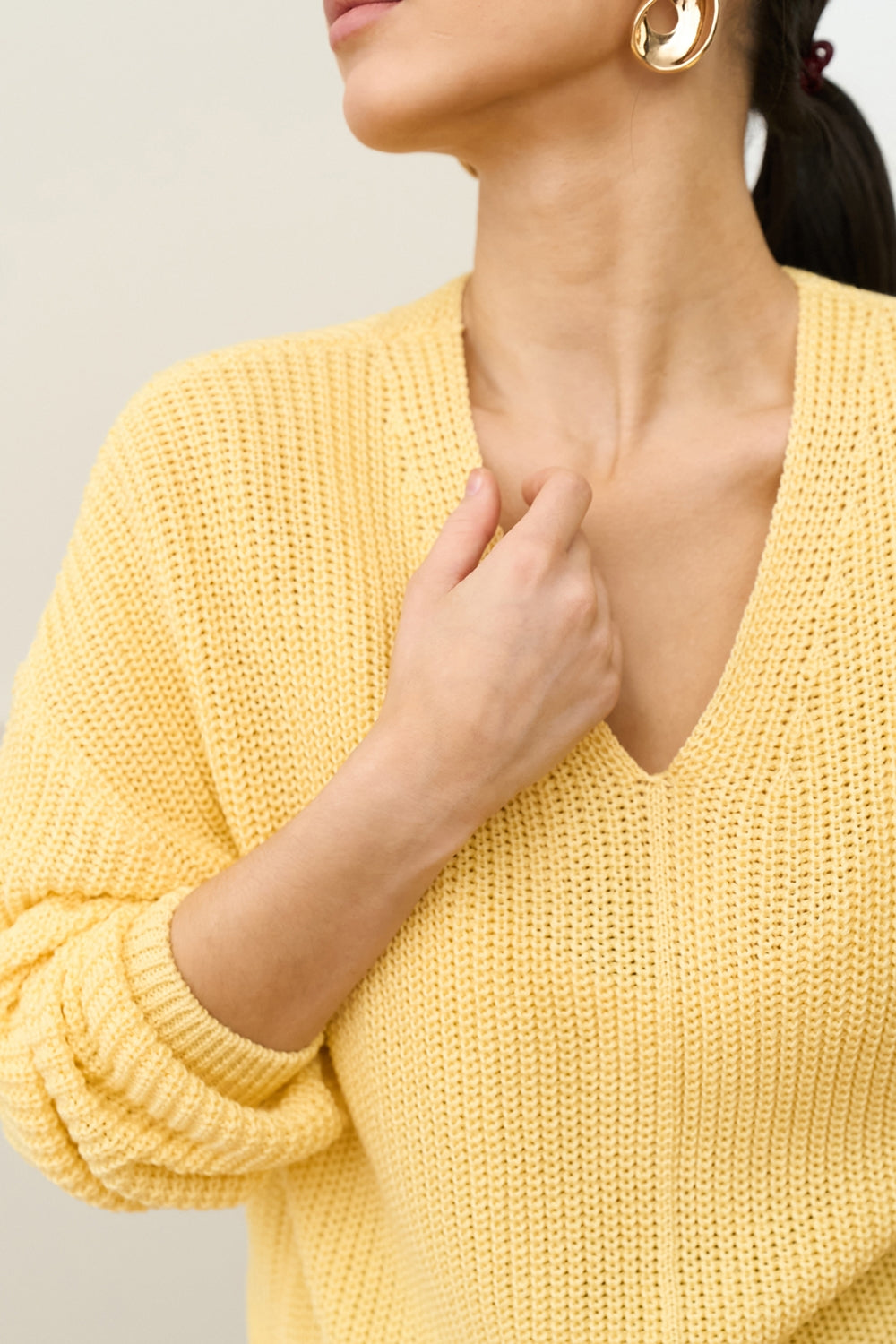 Cropped Cotton Knit V-Neck Sweater, Soft Yellow