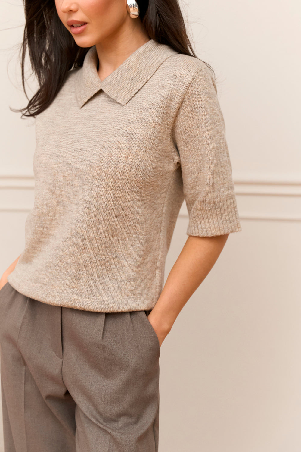 Women’s Short Sleeve Alpaca Merino Polo Sweater, Linen Beige