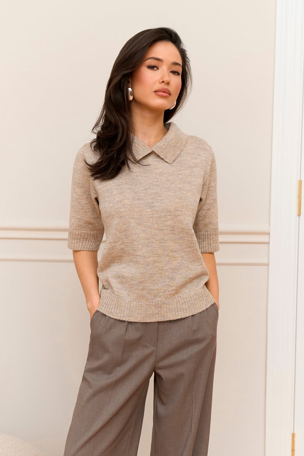 Women’s Short Sleeve Alpaca Merino Polo Sweater, Linen Beige