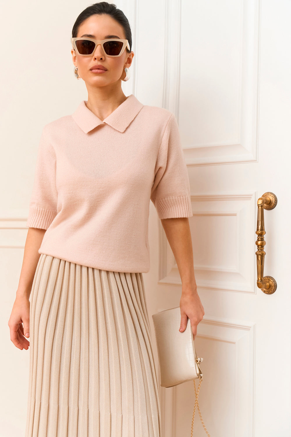 Women’s Short Sleeve Alpaca Merino Polo Sweater, Pale Pink