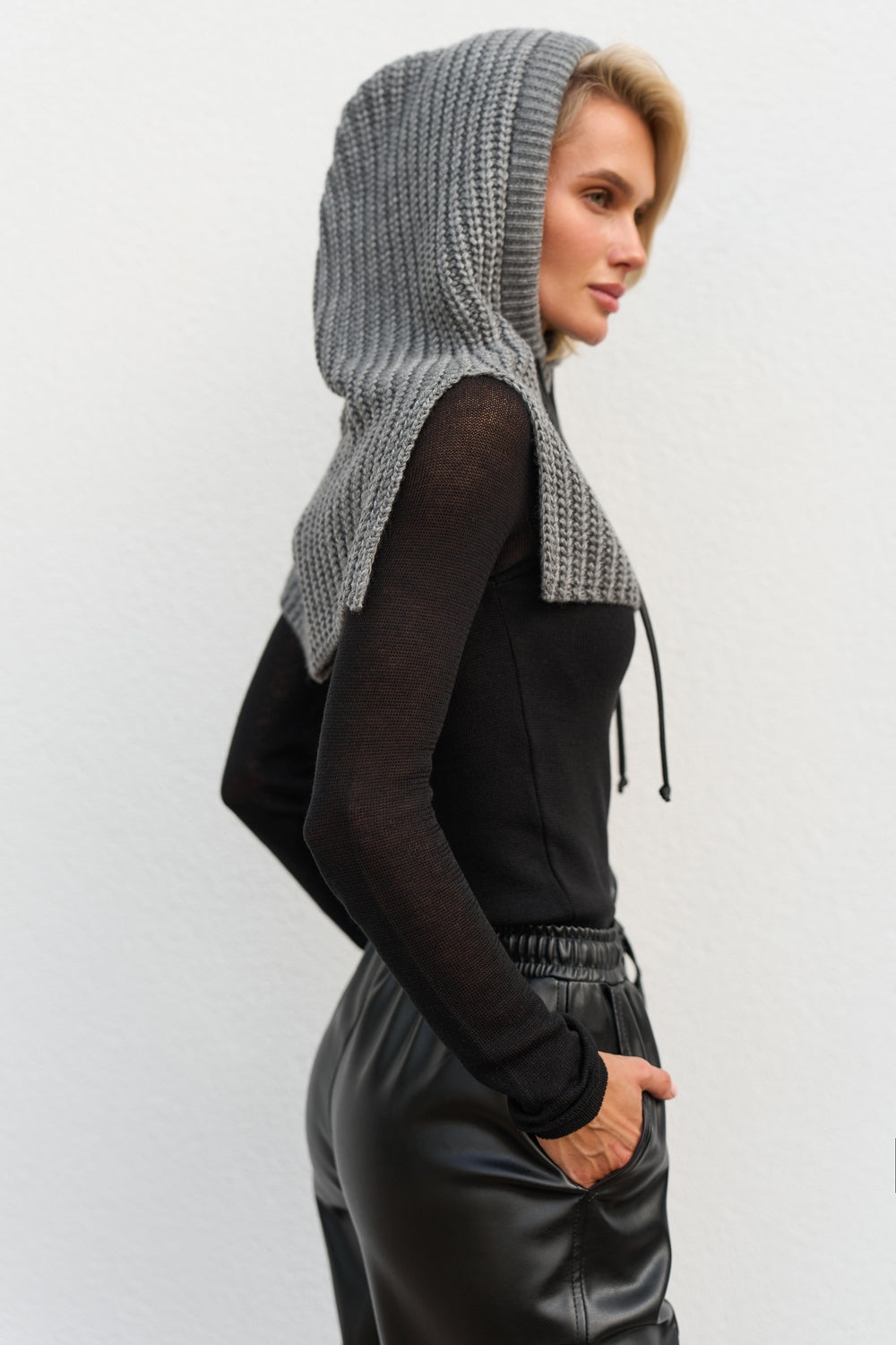 Women’s Wool Knit Hooded Scarf Snood with Drawstring