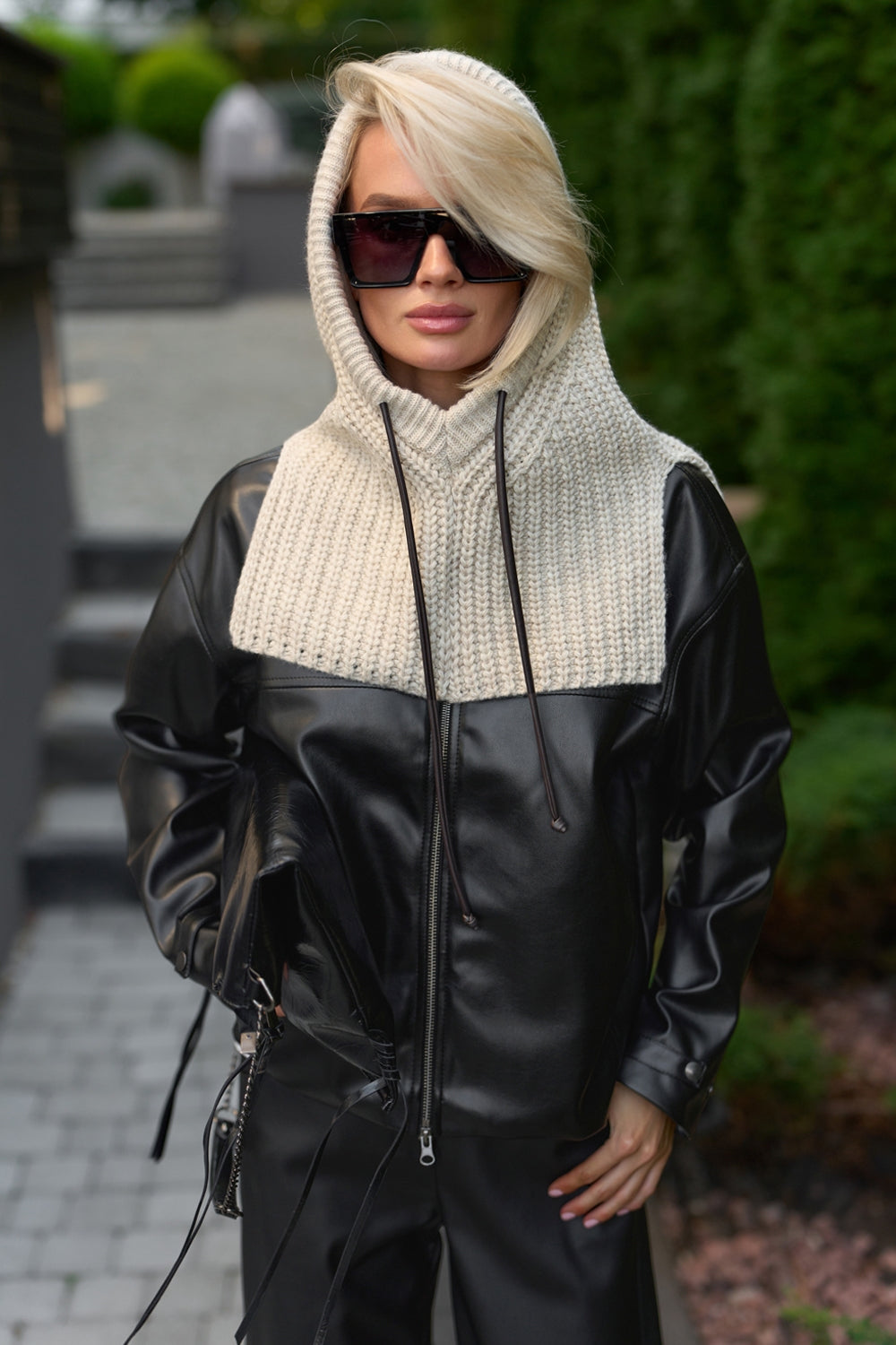 Women’s Wool Knit Hooded Scarf Snood with Drawstring