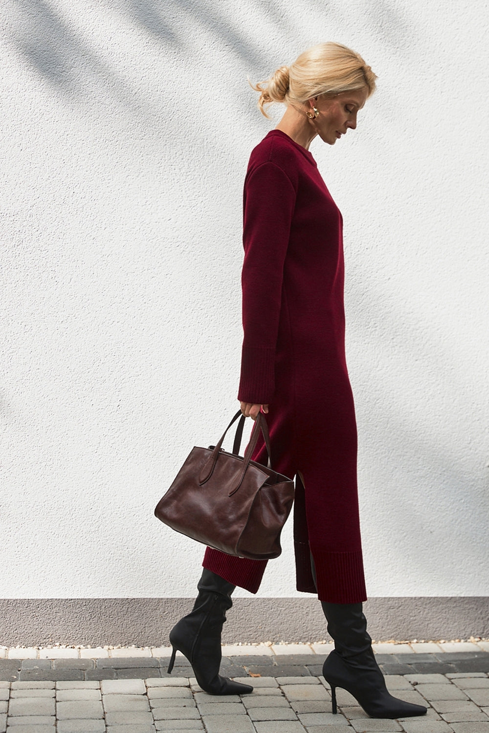 Wool Knit Midi Dress with Removable Cowl Collar, Burgundy Red