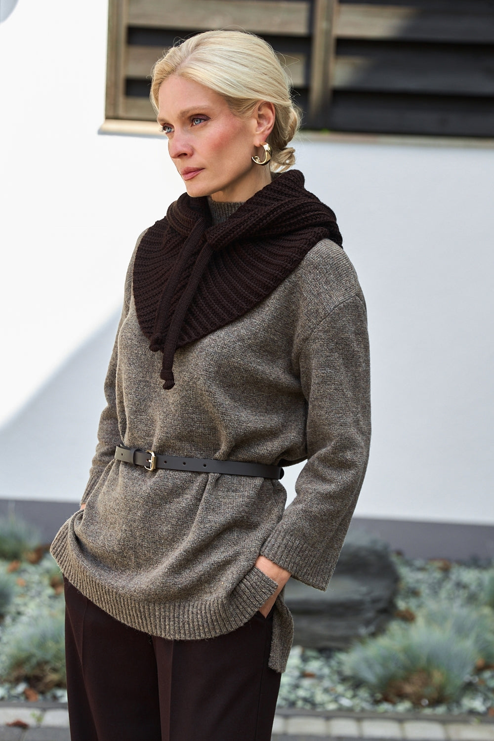 Chunky Wool Knit Snood Hooded Scarf, Bitter Chocolate
