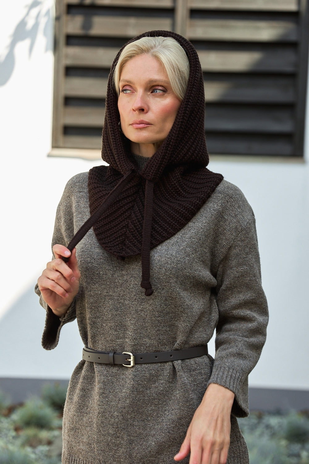 Chunky Wool Knit Snood Hooded Scarf, Bitter Chocolate